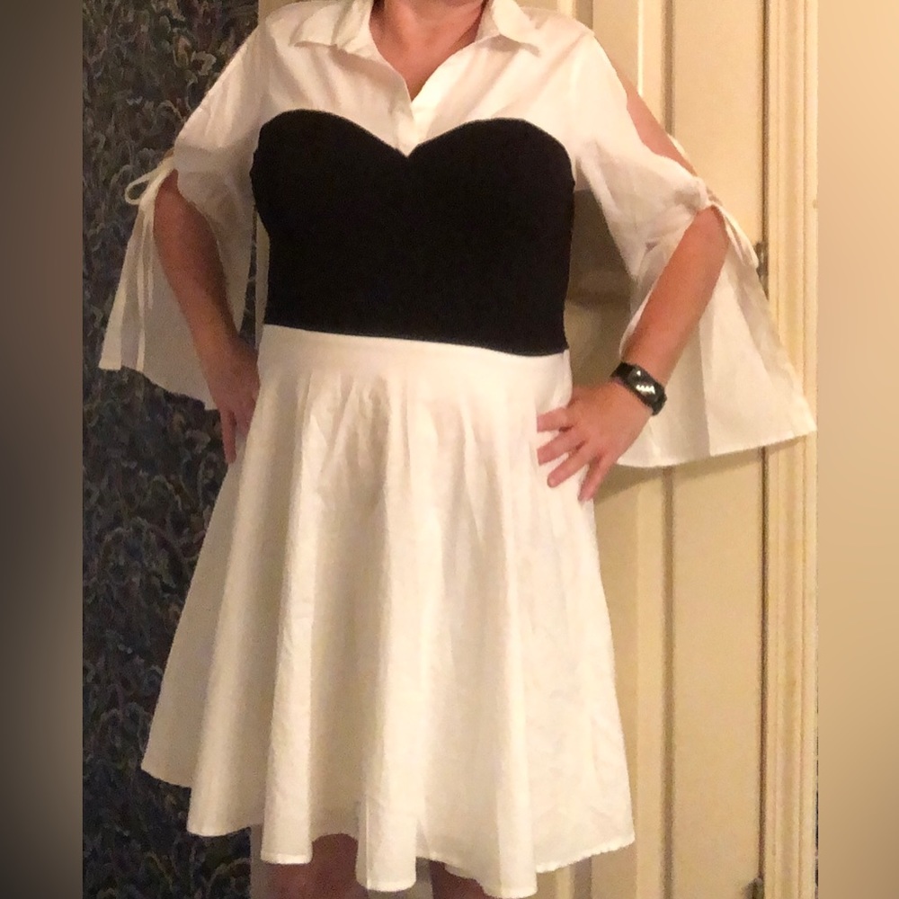Venus size 14 black - white collared dress with open and tie sleeves knee length